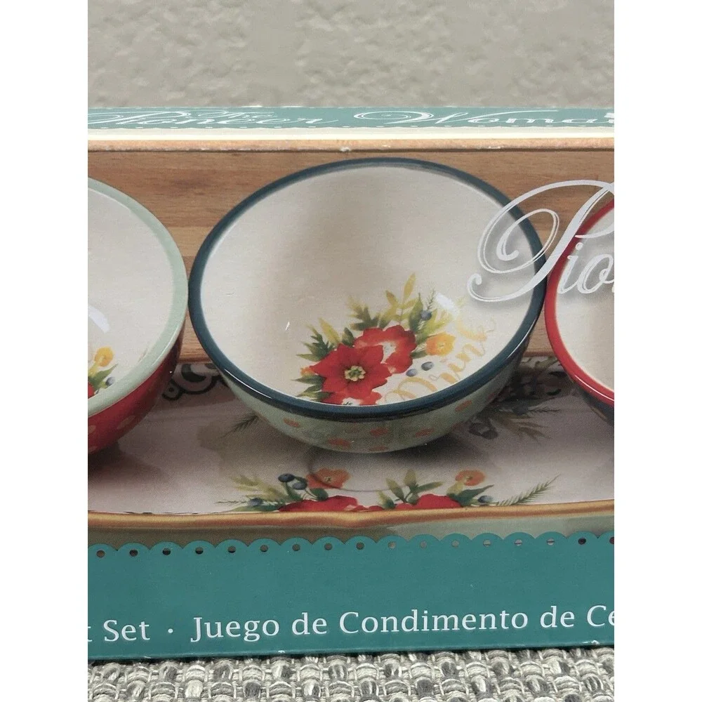 Pioneer Woman Garland Ceramic Condiment Set 4 Pcs 3 Bowls Tray Holiday Christmas